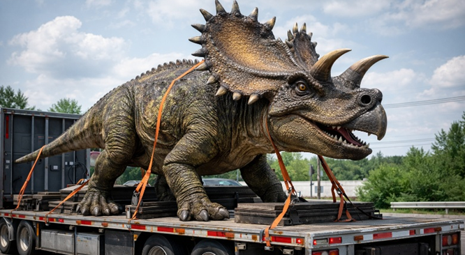 A dinosaur animatronic fixed on top of a trailer for transport.